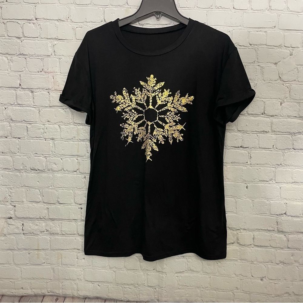 Black Casual T- Shirt with Gold Glitter Snowflake Size Large